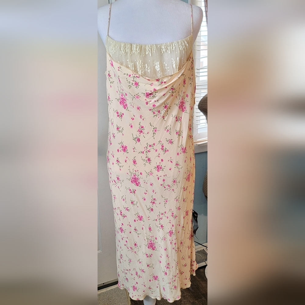 Victoria's Secret Vintg 90's Drape Neck Ruffled Midi Dress Womens 14 Peach Flora